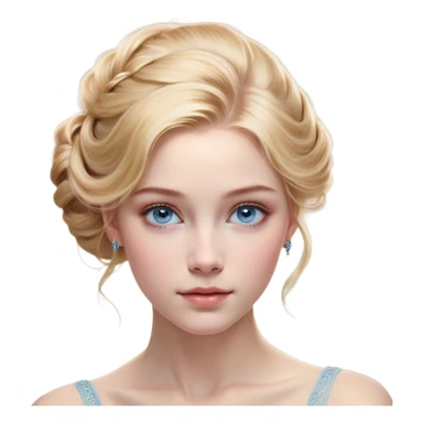 Cinematic Realistic Cinderella Portrait, depicted with lifelike skin texture, subtle rosy undertones, and soft natural lighting that enhances the gentle contours of her face. Her intricately detailed golden blonde hair is elegantly styled in an updo, with delicate wisps framing her face. Her deep, expressive blue eyes radiate warmth and sincerity, reflecting a quiet resilience and grace. She holds a glass slipper gently in one hand, her other hand resting gracefully at her side, emphasizing the timeless beauty of the moment. She is dressed in her iconic ball gown, the fabric shimmering with intricate embroidery and fine translucent layers that catch the light beautifully. The soft sheen of satin gloves adds a magical touch to her graceful pose. The portrait features an enchanting glow with a natural, luminous finish, seamlessly blending realism and fairytale charm to evoke a sense of depth, elegance, and timeless beauty. sticker