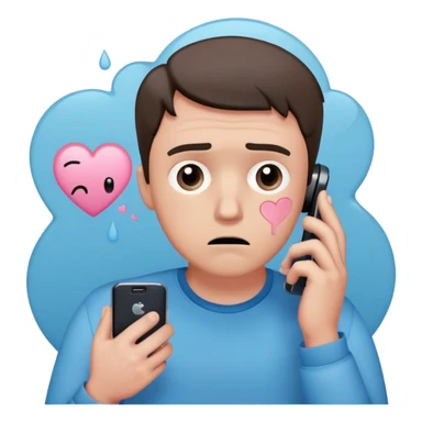 anxious man with wide worried eyes and slightly frowning mouth overthinking with sweat drops, a cracked heart symbol nearby, holding a phone in hand, body posture tense and reaching forward showing fear of abandonment, minimal soft rounded design with gentle blue and pink colors sticker