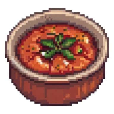 pixel art bowl of red tomato chutney with garlic sticker