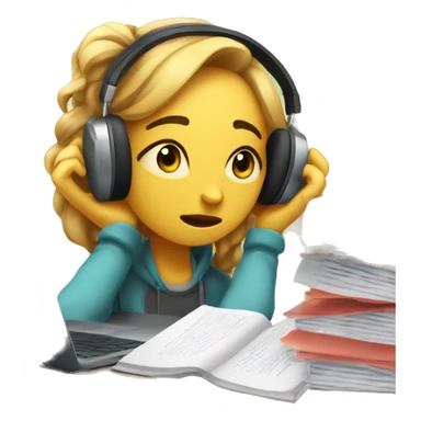 Tired exhausted student with over ear headphones and a laptop infront of her and a bunch of papers shes on the verge of crying  sticker