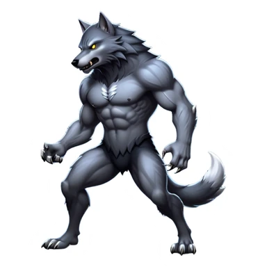 cinematic-noble-fierce-werewolf-full body-emoji, poised-and-imposing, with a tall, slender, muscular frame, fur rippling in shades of midnight black and silver, eyes glowing with an intense, primal ferocity, reflecting the untamed power of the wild moonlit night; rendered with realism sticker