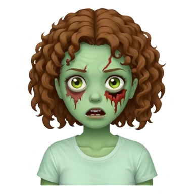 Zombie girl with curly brown hair como emoji de iphone y con la boca un poco lastimada haz que tenga una simple remera blanca puesta pero que sea zombie verde sticker