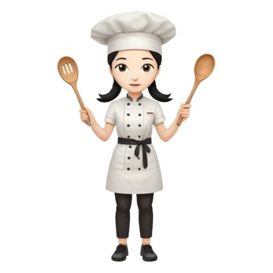 
A beautiful girl wears a white chef's uniform. Her long, straight black hair is styled in a ponytail. She wears a white chef's hat and holds a wooden cooking spoon. She is standing and wearing black shoes. The illustration style is 2D realistic.. sticker