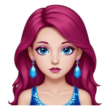 Chappell Roan (b.1998) with long dark red hair, pink sequin crop top, pink earring, blue eye, makeup sticker