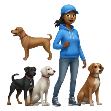 Dog walker in blue hoodie, jeans, blue baseball cap with eight dogs at heel on her left side sticker