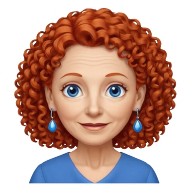 una profesora mayor simpática con el pelo rojo rizado, ojos azules, vestido azul y pendientes azules hablando sticker
