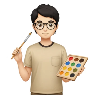 Reliable young painter with round glasses, wavy black hair, beige art shirt, with square paintbrush sticker