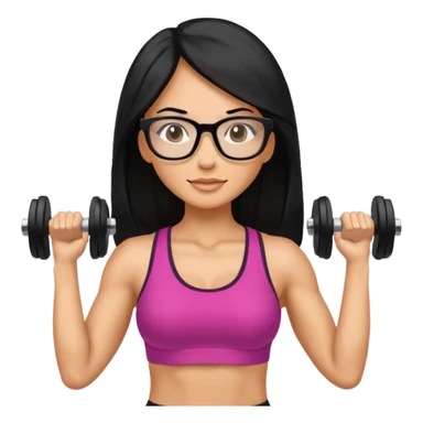 Mujer fitness usando mancuernas con lentes y cabello largo negro sticker