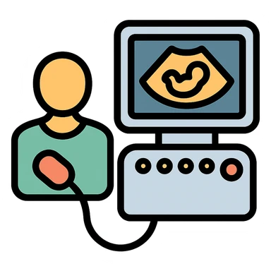 ultrasound machine, color outline icon style, with patient silhouette sticker