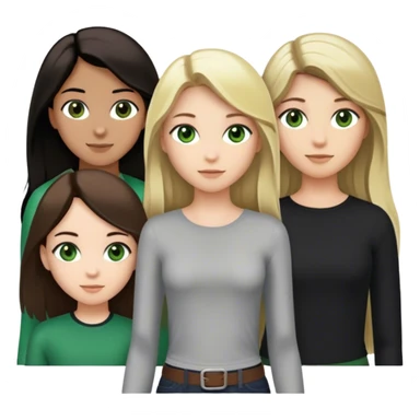 são 4 amigas, uma branca do cabelo loiro bem longos e olhos verdes, uma parda com os cabelos abaixo da cintura castanho claro dos olhos castanhos, uma branca do cabelo preto tamanho médio e olhos castanhos e a outra parda do cabelo castanho escuro abaixo da cintura e olhos castanho médio sticker