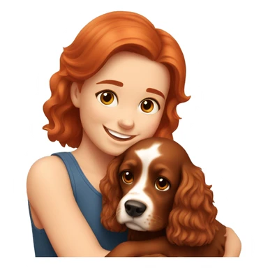 A very cute girl with red hair cuddling a happy brown-bright happy Cocker Spaniel. sticker