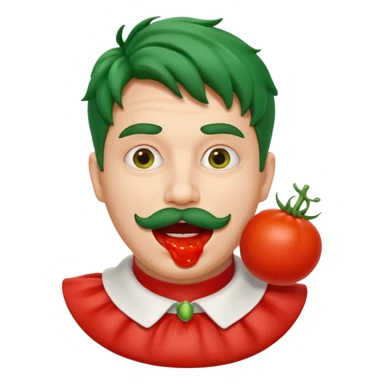 funny theater actor character who ate tomatoes, tomato sauce around mouth, dramatic expression, stage costume collar, 3D cartoon, mobile game icon style, clean background, no text, no watermark
 sticker