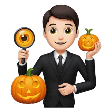 A pumpkin smiling at a magnifying glass (the magnifying glass has a suit thats black, the magnifying glass also has one eye in the middle turn the magnifying glass into a living person give the magnifying glass Normal looking eyes and give it actual arms and legs  sticker