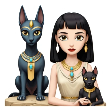 Witchy-mannered real Audrey Hepburn cleopatra Protecting silky black-haired tiny chained-slave-adorned statuette scale feral evil-eyed Anubis dessert scenery stone-age cracked irregular dwelling  sticker