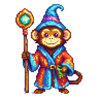 wizard monkey, pixel art style, magical staff, smiling, colorful robe sticker