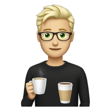 Blonde man green eyes in black jumper with clear glasses holding a white coffee cup sticker