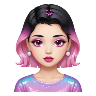 “black hair Emoji girl, glossy pink eyelids, ombré cherry lips, soft contour, subtle glitter under eyes, pearl hair clips, trendy hairstyle, iridescent modern top.” sticker