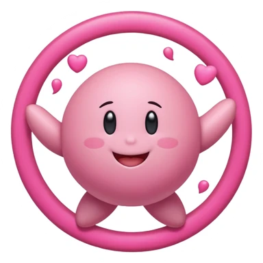 Kirby spinning with joy, round pink character, smiling, energetic pose sticker