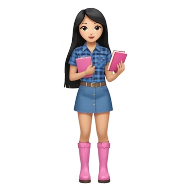 A plus-size light-skinned Black woman is wearing makeup. She has long, straight, waist-length black hair and is wearing a short-sleeved flannel shirt with a pink butterfly print, a denim miniskirt, and pink boots. She is standing and holding a book with her forearm raised. sticker
