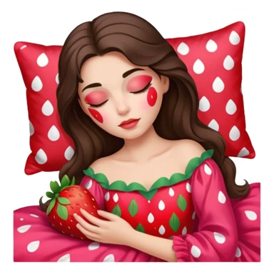 sleeping beauty brunette white girl with a silk pillow strawberry dress with her face painted strawberry sticker