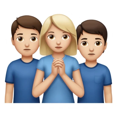 Apple iOS emoji style.
A girl holding hands with two boys at the same time,one boy si brunette the other blonde, one on each side.
The girl has a suspicious, guilty expression, slightly turned eyes.
The boys look neutral and unaware.
 smooth gradients, rounded shape sticker