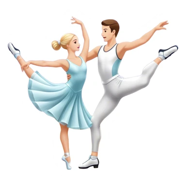 Icon for Sports Dance: a white men and women in competitive attire performing a synchronized dance with acrobatic moves, dance shoes, a rhythmic floor, and a competition backdrop. The icon should capture athleticism, technique, and acrobatic precision. Transparent background. sticker