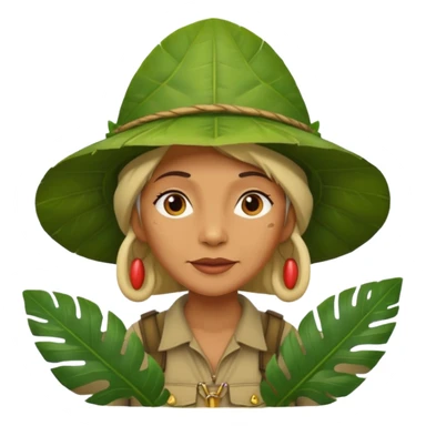 a old female explorer with jungle wearing a large leaf headgear bye  sticker