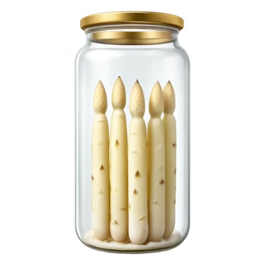 tall clear glass jar filled with upright pale white or green asparagus spears submerged in brine, sealed metallic lid gold or green, slim smooth spears neatly arranged tips upward, no label plate or extras, soft lighting, subtle shadows, transparent background, emoji scale sticker