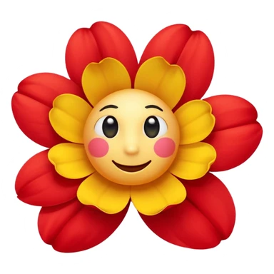 A flower with round yellow face with soft gradients, large glossy black cartoon eyes, and a simple curved smile. Surrounding bright red inflated petals with smooth shading and soft reflections. sticker