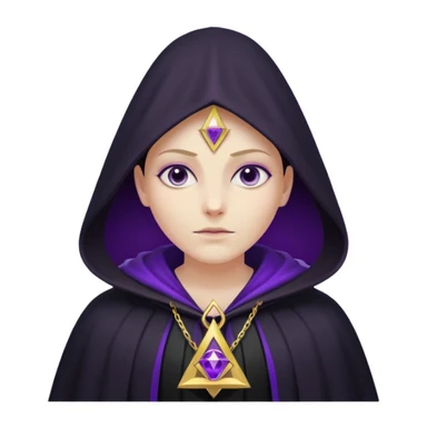 illuminati shadow figure standing in black cloak with gold triangle necklace, purple background sticker