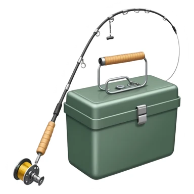 A fishing rod with reel and line neatly coiled beside a bait box. sticker
