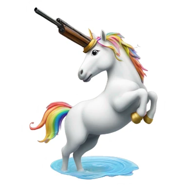 unicorn with a shotgun barrel as a horn shooting a stream of a rainbow sticker