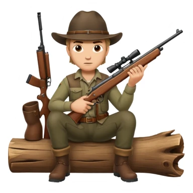 male hunter sitting on a log with gun, alert expression sticker