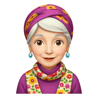A kind old Russian village grandmother emoji — elderly woman wearing a bright floral headscarf tied under her chin, colorful patterned dress, warm smile, simple rural look. Flat minimal emoji style, clean Apple-like design. sticker