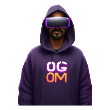 Big Lebowski wearing a black hoodie with "OMG" letters on it and VR headset oculus quest 2 in a cyberpunk VR environment with violet neon lighting. sticker