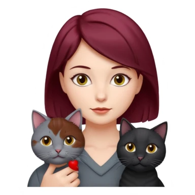 femme au cheveux court bordeau, yeux gris,  avec chat poils longs gris et chat poils ras noirs sticker