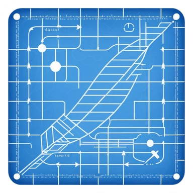 blue blueprint plan with white lines and a single dashed path from start to destination sticker