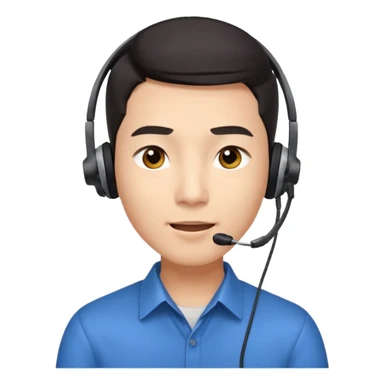 A young Asian man with smooth light skin, dark hair that swoops upward in the front, expressive eyes, a clean-shaven face, and a call-center style headset over one ear, flamboyent  sticker