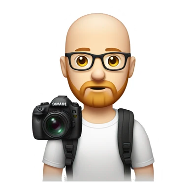 bald man with ginger beard and black thin glasses, sad face, white t-shirt, backpack with camera on his shoulder sticker