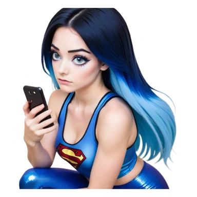 Disapponted-big tears-head back texting on phone-very very large upper body-sexy face-bending forward at waist-very long very straight dark blue to light blue ombre hair-and-blue eyes-thick black eyeliner-long eyelashes-iridescent blue lowcut tanktop with black leggings with glitter superman logo sticker