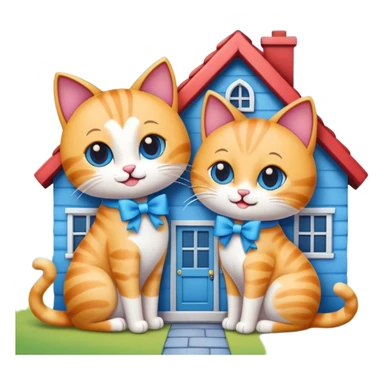 two happy cats in love, with a blue house behind them that has a bow on the roof, emoji style sticker