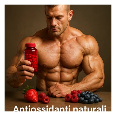 hyper realistic bodybuilder with astaxanthin and red fruits, sculpted muscles, red bottle, red fruits nearby, text 'Antiossidanti naturali', healthy atmosphere, realistic details sticker