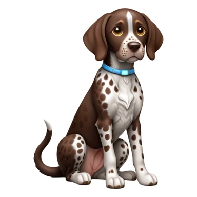 cinematic-[german pointer]-realistic-full-body-sitting-emoji,-tail-resting-loosely-beside-its-paws,-head-tilted-dramatically,-sleek-[brown and white spotted]-fur,-simplified-yet-realistic-focused-features,-highly-detailed,-glowing-with-an-almost-sarcastic-glow sticker