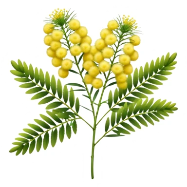 cluster of mimosa flowers, fluffy round yellow blossoms with filament-like petals, on slender green stems with feathery leaves, vibrant soft early spring look, apple emoji style, soft lighting, transparent background, emoji scale sticker