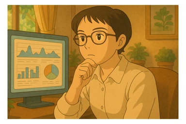 A woman wearing glasses and looking at data, in ghibli style. sticker