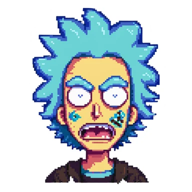 Rick from Rick and Morty with angry expression, wild blue hair, furious face sticker