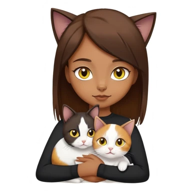 Brown straight-haired girl wearing black top with a pure white cat with yellow eyes and a calico cat sticker