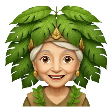 a old woman with jungle wearing a large leaf headgear bye  sticker