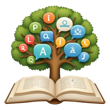 An icon featuring an open book, a speech bubble, and a linguistic tree, symbolizing philology and linguistics. The design includes alphabets, language symbols, and a magnifying glass, representing the study of language, structure, and meaning. Transparent background sticker