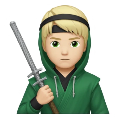 Green ninja Lloyd garmadon blonde hair, kaptur hoody on his head but blonde grzywka visible; the bottom left one is best (the one without miecze + black band + no mask of face) but add miecz sticker
